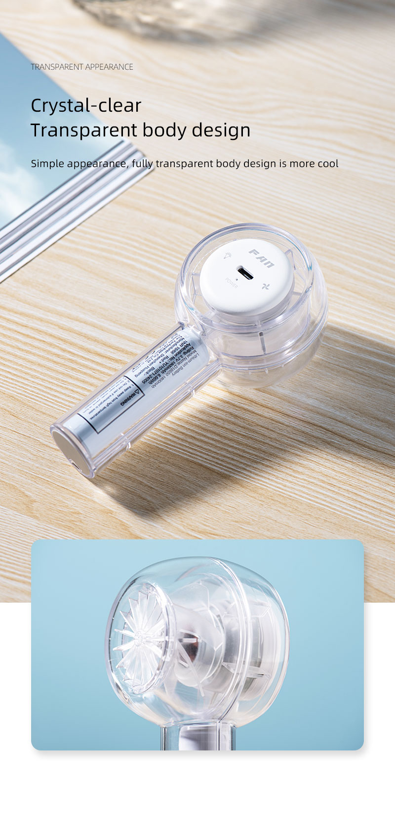 F22Y Popular Transparent Shell Mini Handheld Fan USB Rechargeable and Battery Fan Compact and Portable Fan with Colorful Light - Image 4