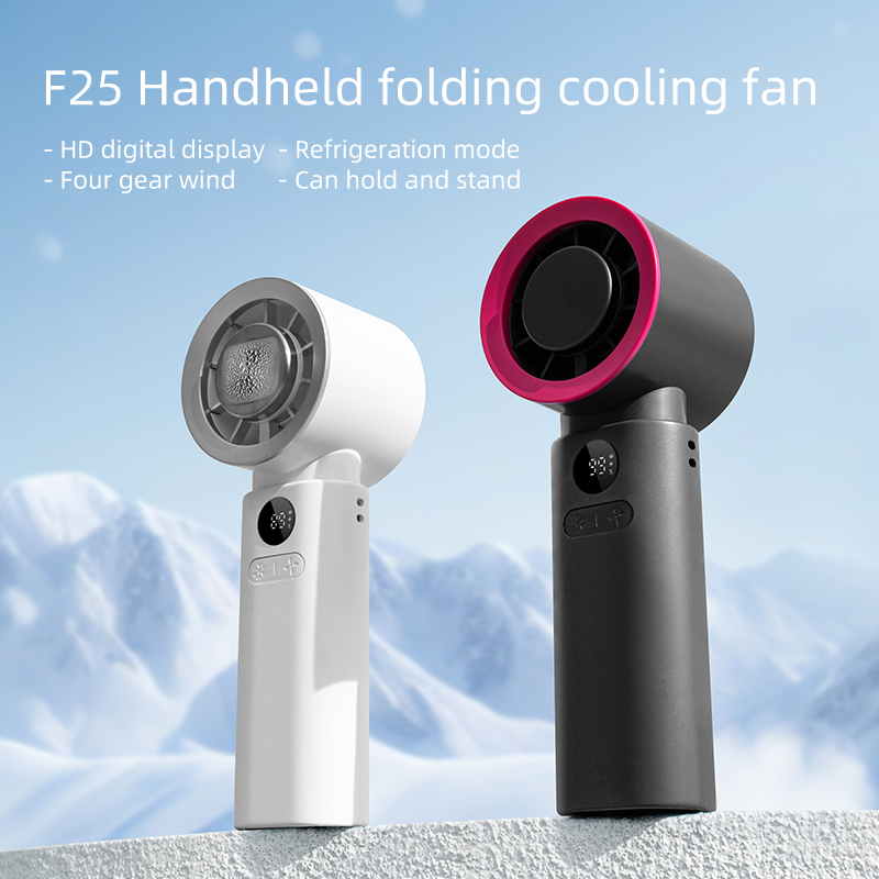 F25Y Latest Strong Wind Force Cold Compress Handheld Fan with LED Digital Display Foldable Desktop Usable Fan with Hidden Carabiner