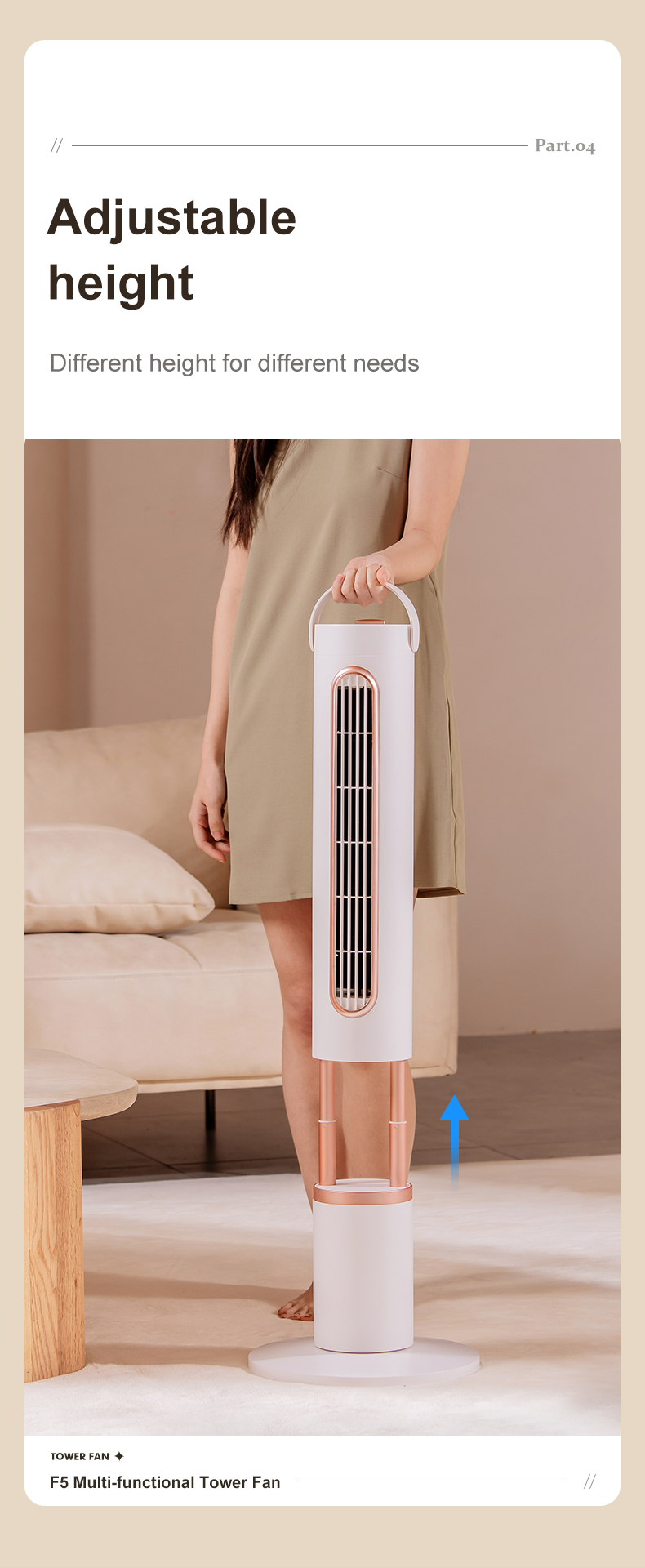 F5 Height Adjustable Tower Fan Remote-controlled Space-saving Strong Wind Fan Portable-handle Sleek-designed 120° Rotatable Cooler - Image 12