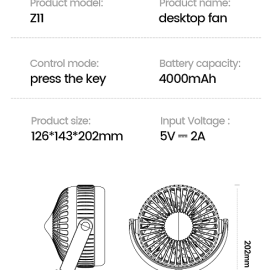 Z11 6 Gears Wind Speed Adjustable Multi-function Clip-on Fan Automatically Oscillating Desktop Fan Quiet Operating Fan with Light