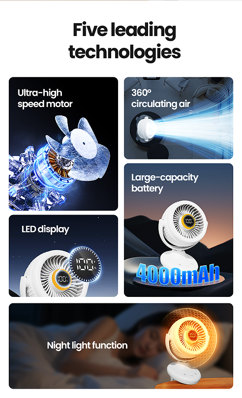 Z11 6 Gears Wind Speed Adjustable Multi-function Clip-on Fan Automatically Oscillating Desktop Fan Quiet Operating Fan with Light - Image 13