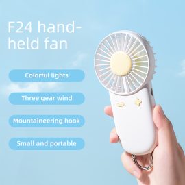 F24Y Multi-gear Adjustable Lightweight Handheld Fan with Carabiner Powerful Wind Force Easy to Carry Fan with Colorful Ambient Light