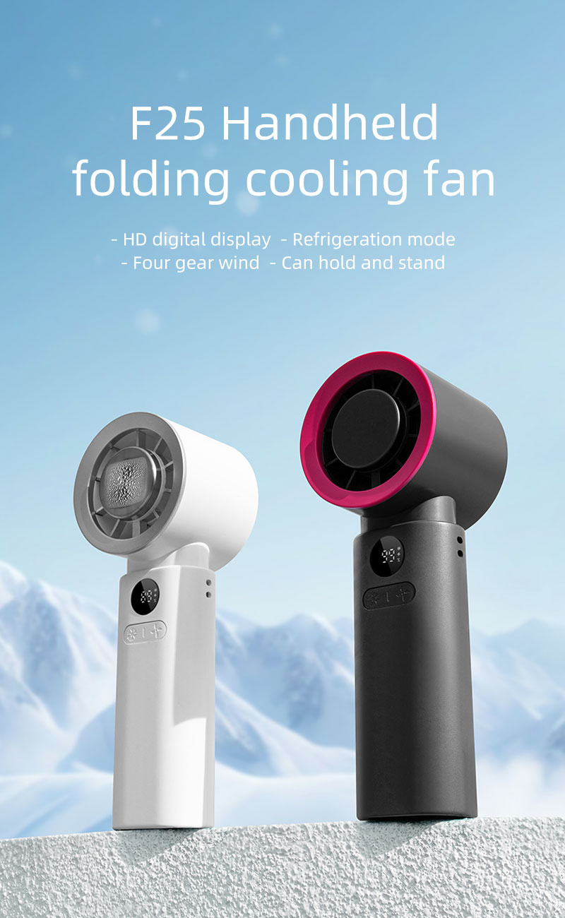 F25Y Latest Surging Wind Force Ice Compress Handheld Fan with LED Digital Display Foldable Desktop Usable Fan with Hidden Carabiner - Image 2